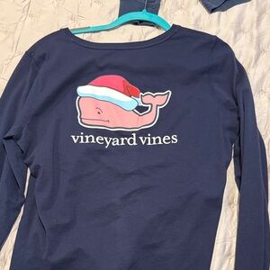Vineyard Vines Navy Shirt with Pink Whale and Santa Hat